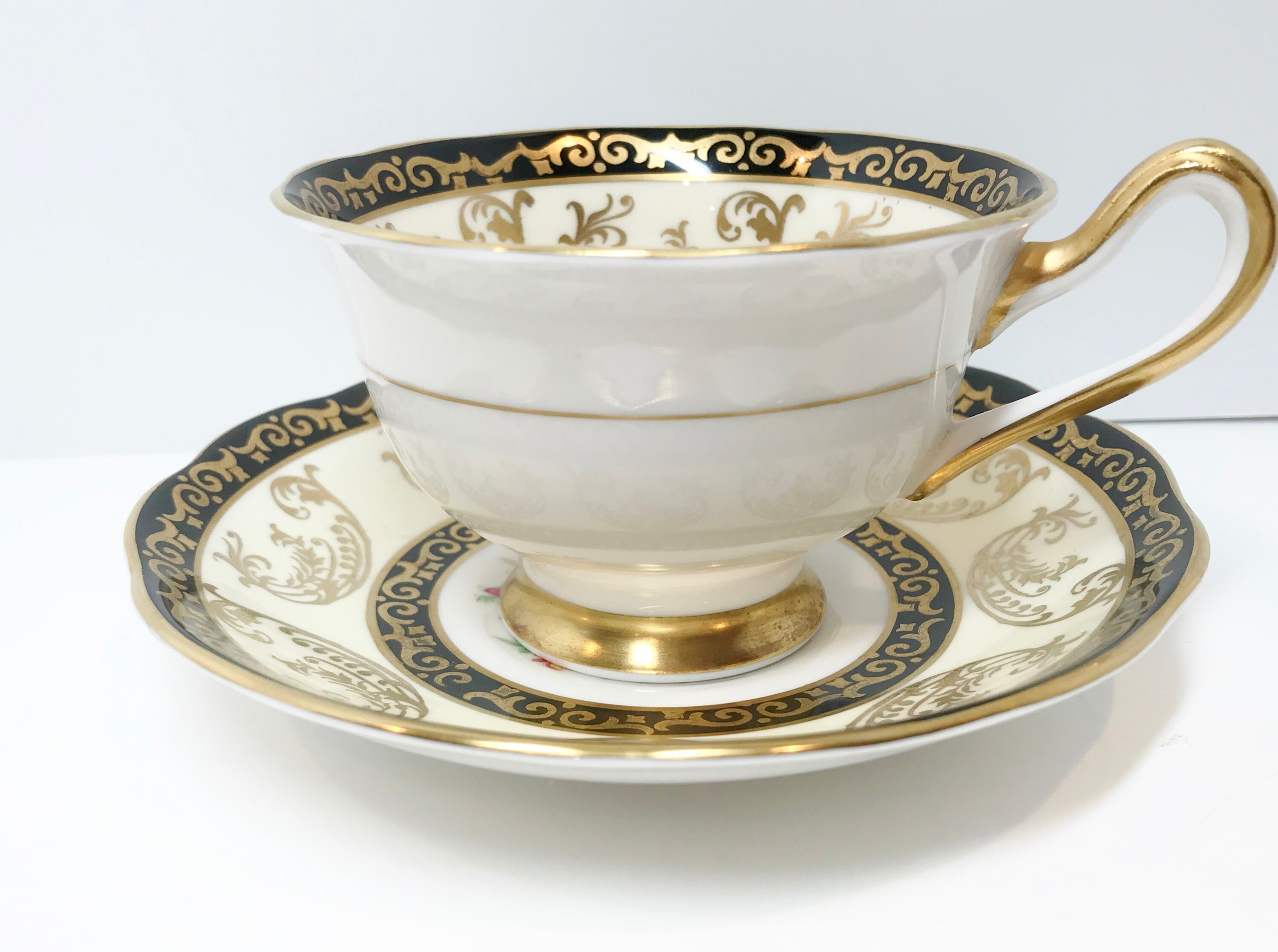 Vintage Tea Cup by Royal Albert, Black Gold Cups, Antique Tea Cups