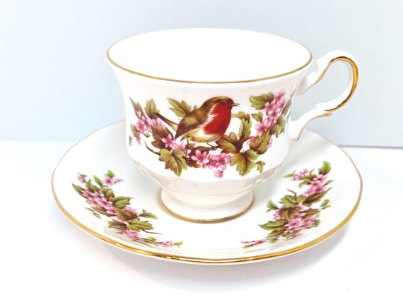 Robin Teacup and Saucer, Queen Anne Teacup, Bird Teacup, Gift for Her, Anniversary Gift, Housewarming Gift, Tea Party