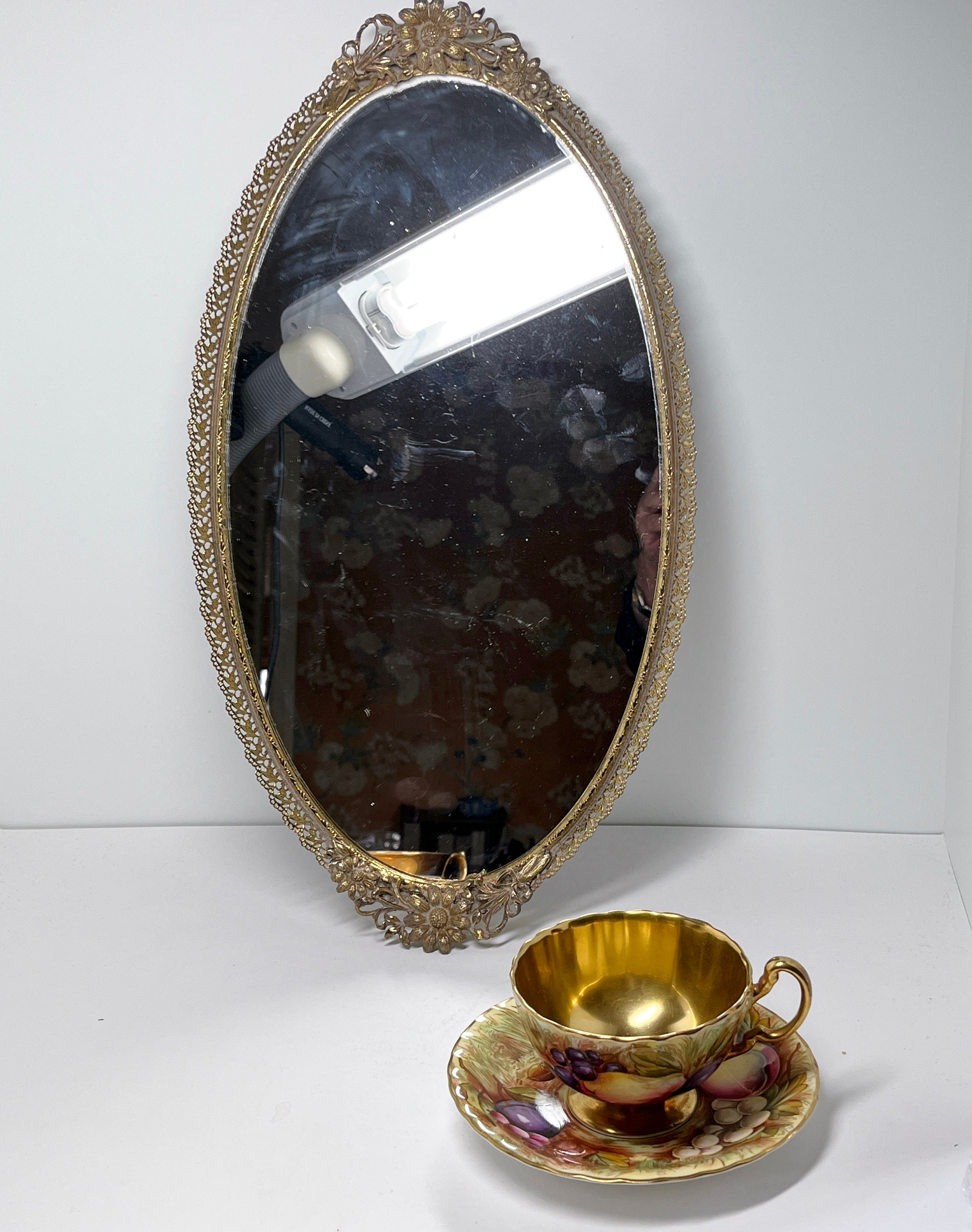 Oval Vanity Tray, Mirrored Vanity Tray, Brass Vanity Tray, Ormolu