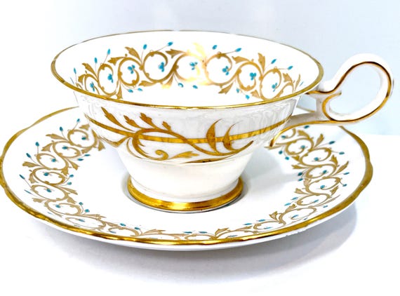 Antique Teacup and Saucer: Hand Painted Grosvenor Aqua Gold