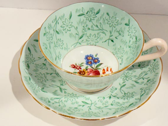 Grosvenor Aqua Gold Teacup and Saucer, English Fine Bone China Set