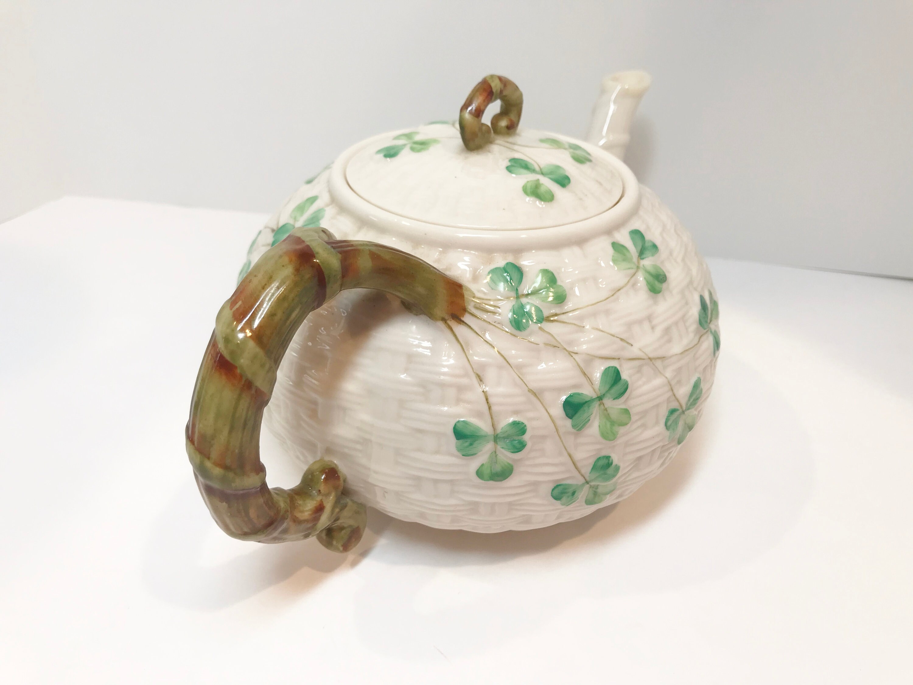 Large Shamrock Belleek Teapot, Shamrock Belleek, Black Mark Belleek