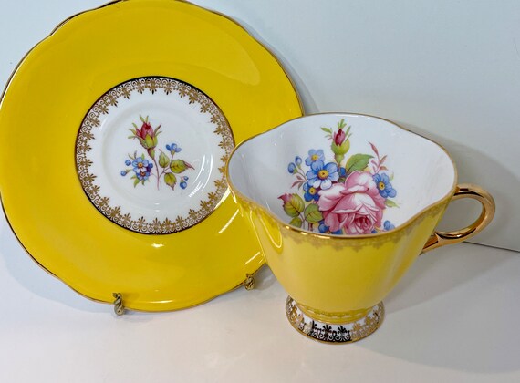 Rose Tea Cup and Saucer by Clarence , Clarence Teacup , Yellow Tea Cups , Housewarming Gift for Her , Anniversary Gift , Friendship Gift