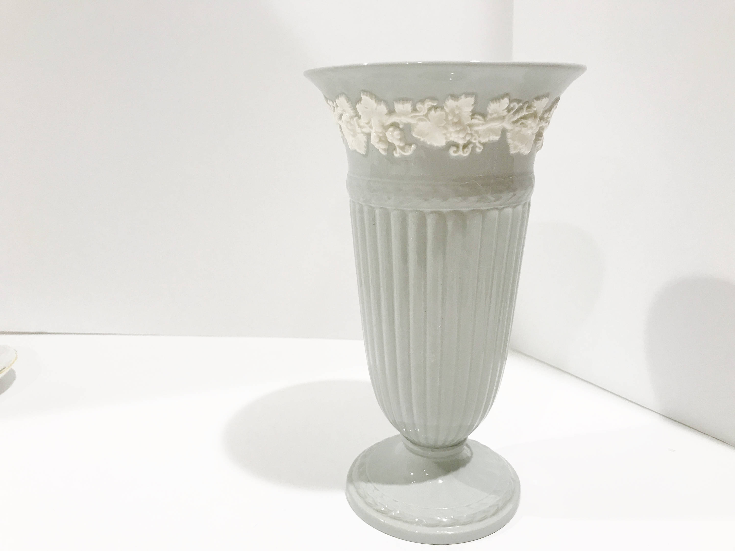 Reserved for ES, Wedgwood Queen's Ware Embossed Vase, Cream on Gray