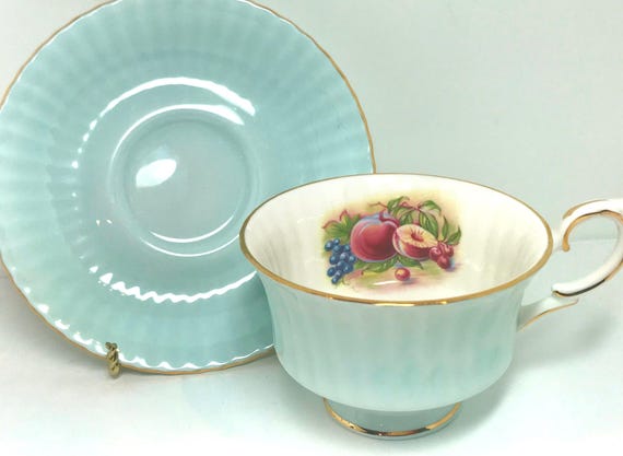 Royal Standard Teacup and Saucer, Fruit Teacup, Aqua Teacup, Vintage Teacup, Gift for Her, Anniversary Gift, Gift for Him, Housewarming Gift