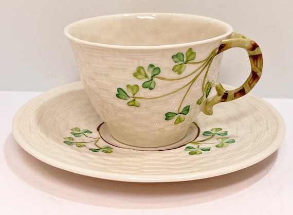 Shamrock Belleek Teacup and Saucer , Irish Tea Cup , Basket Weave Belleek China , Belleek Tea Cup , Gift for Irish , Housewarming Gift