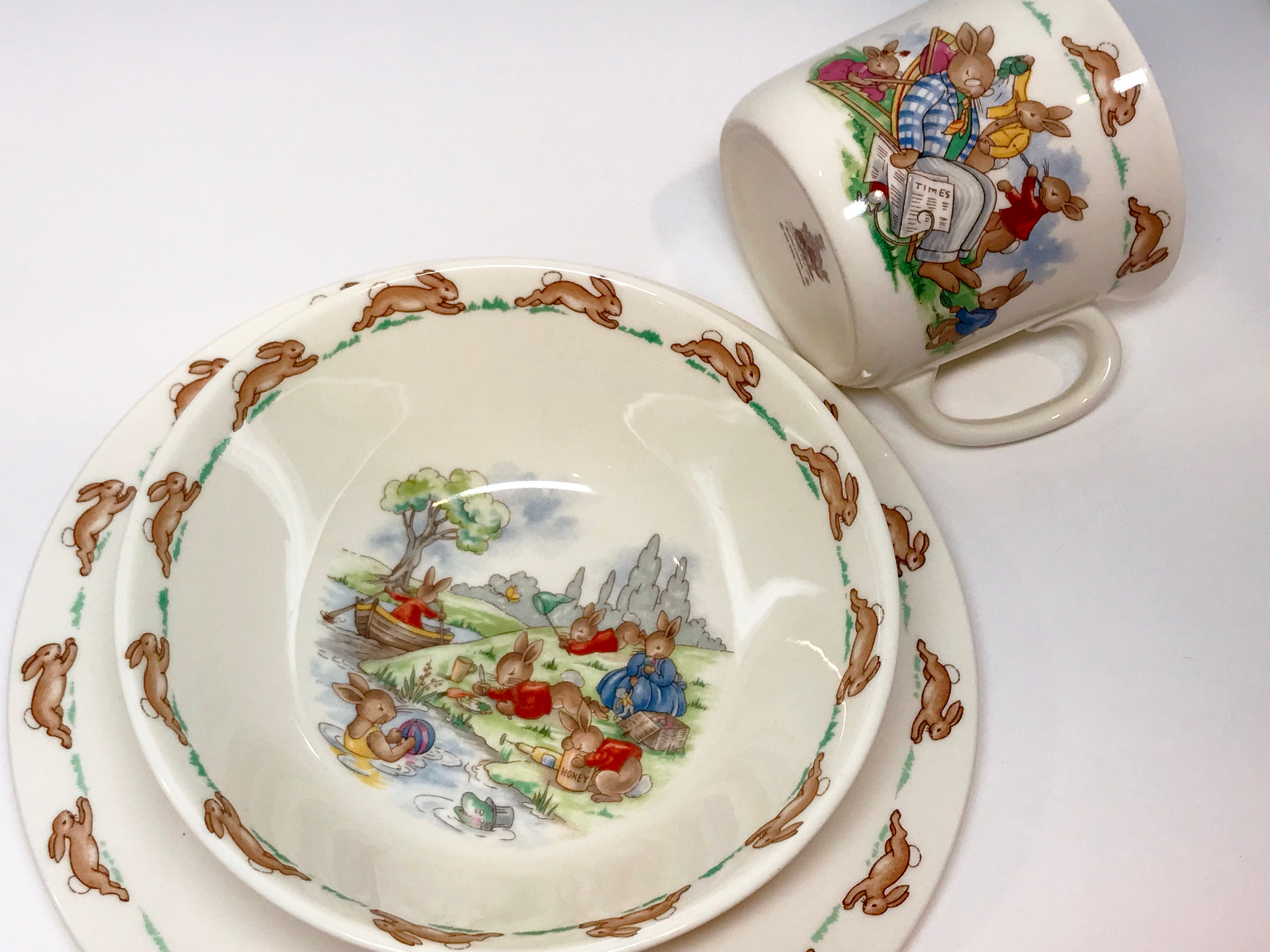 Bunnykins China, Royal Doulton Bunnykins, Cereal Bowl Mug Plate