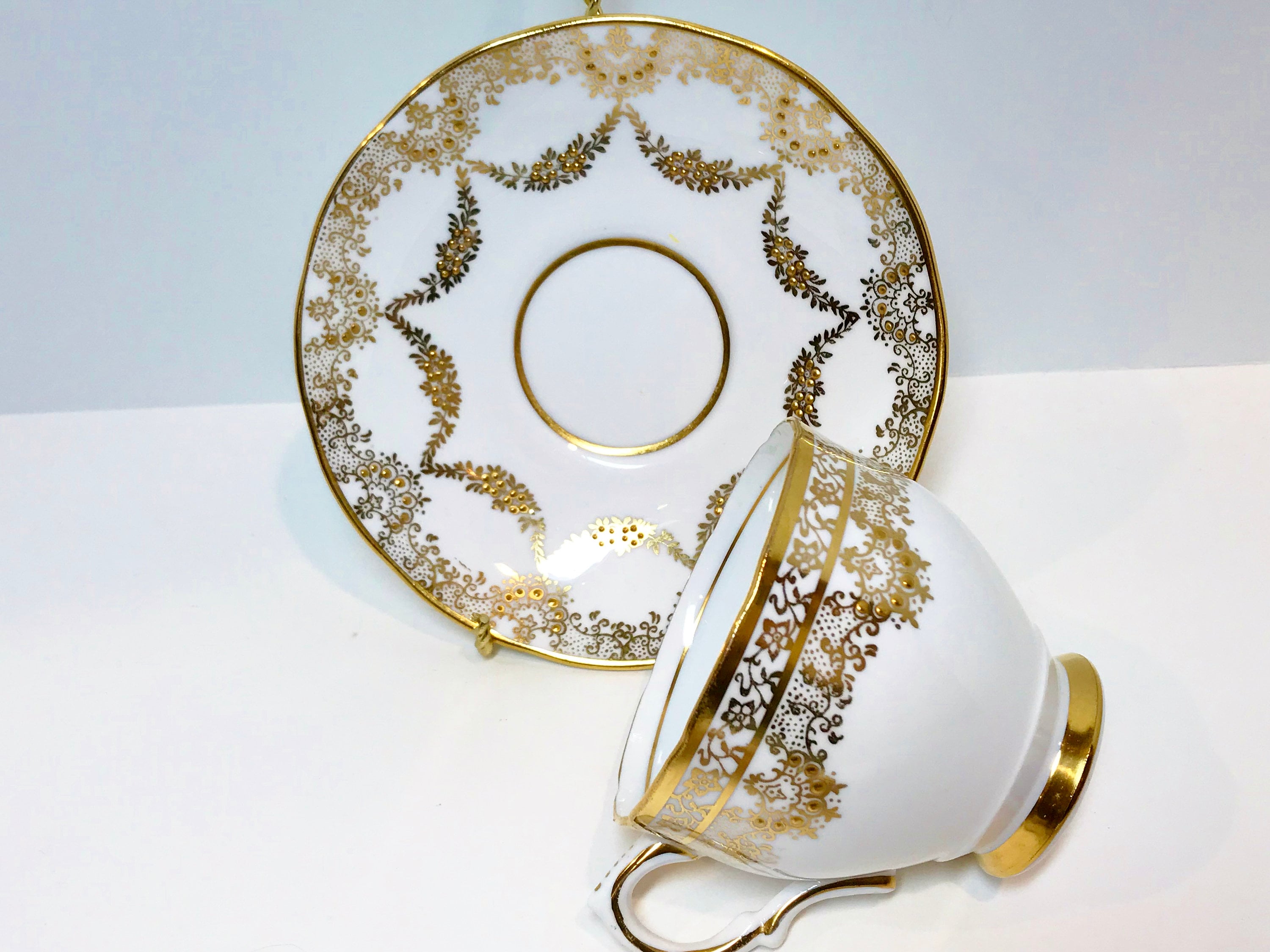 Salisbury Tea Cup and Saucer, White Gold Tea Cups, Antique Tea Cups