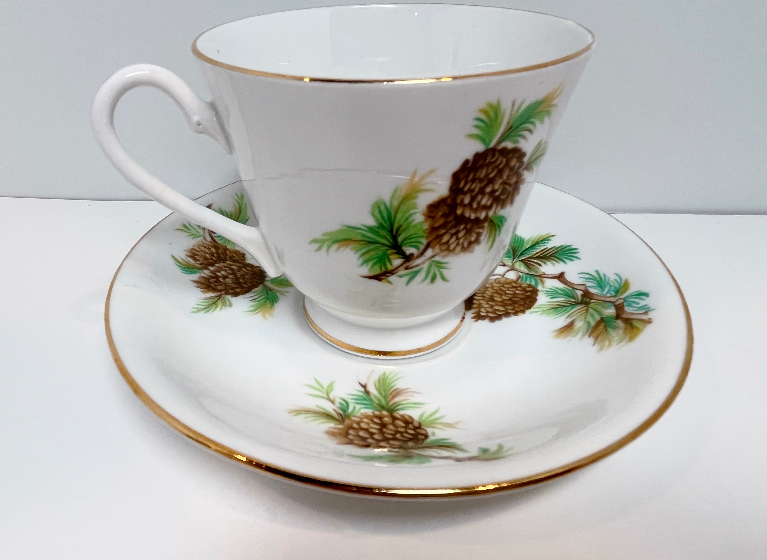 Clarence Teacup and Saucer, English Teacups, Pine Cone Cups, Bone China