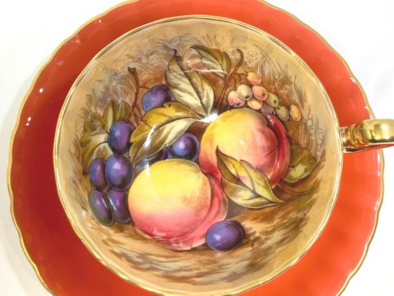 Aynsley Jones Teacup, Aynsley Orchard Teacup,  Ruffled Aynsley Teacup Signed, Gold Fruit Teacup, D Jones Teacup, Gift for Her