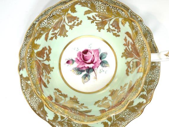 Double Warrant, Paragon Teacup and Saucer, Antique Teacup, Green Gold Teacup, English Teacup, Anniversary Gift, Gift for Her, Birthday Gift