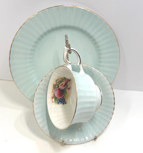 Royal Standard Bone China Tea Cup Set: Pale Aqua, Fruit Design