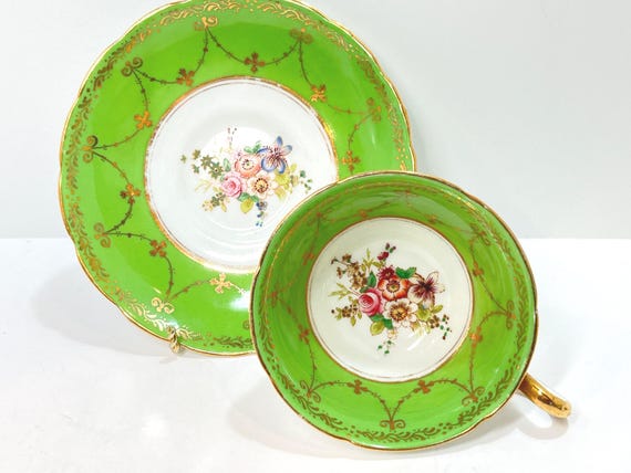 Grosvenor Teacup and Saucer, English Teacup, Green Gold Teacup, Anniversary Gift, Gift for Her, Floral Teacup, Birthday Gift