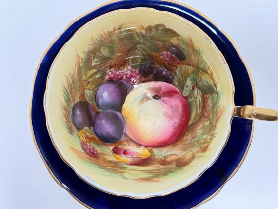 Signed Aynsley Orchard Teacup, D Jones Fruit Design, Ruffled Bone China (Teacup & Saucer)