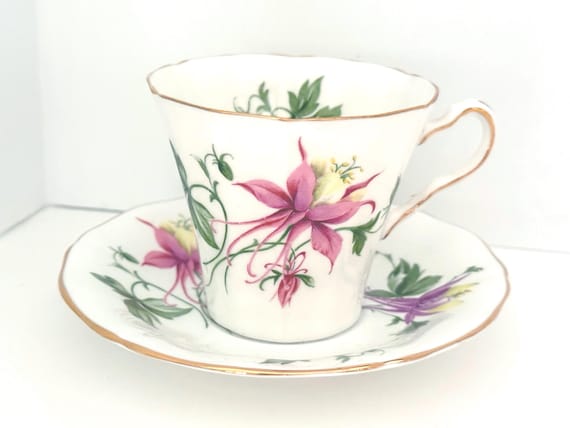 Adderley Teacup and Saucer, Columbine Pattern, English Bone China Teacup, Gift for Friend, Gift for Her, Anniversary Gift, Housewarming Gift
