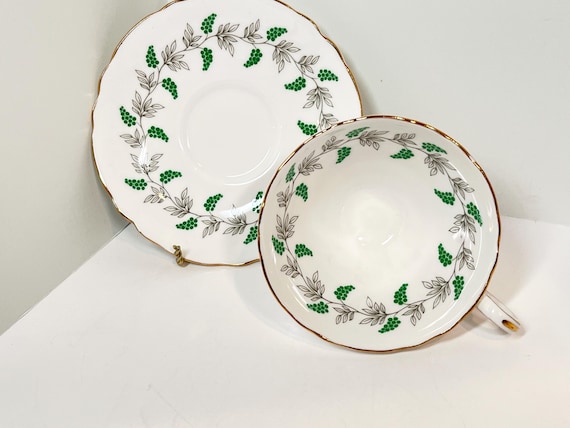 Crown Staffordshire Teacup and Saucer, Staffordshire Teacup, Green White Teacup, Vintage Tea Cups, Gift for Friend, Gift for Him