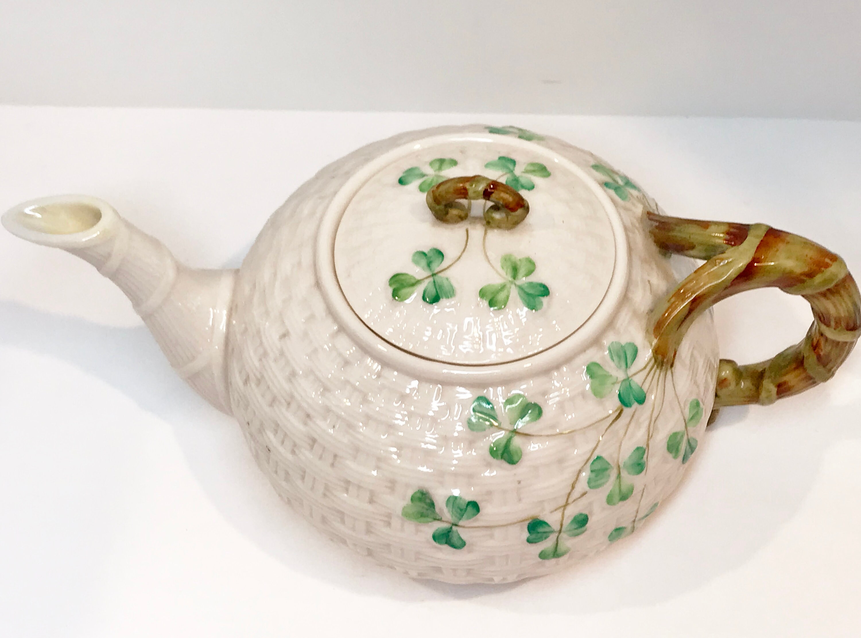 Large Shamrock Belleek Teapot, Shamrock Belleek, Black Mark Belleek