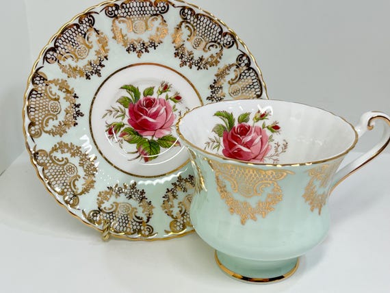 Paragon Teacup and Saucer, Floral Teacup, Vintage Teacup, Gift for Her, Anniversary Gift, Blue Teacup, Birthday Gift, Rose Paragon