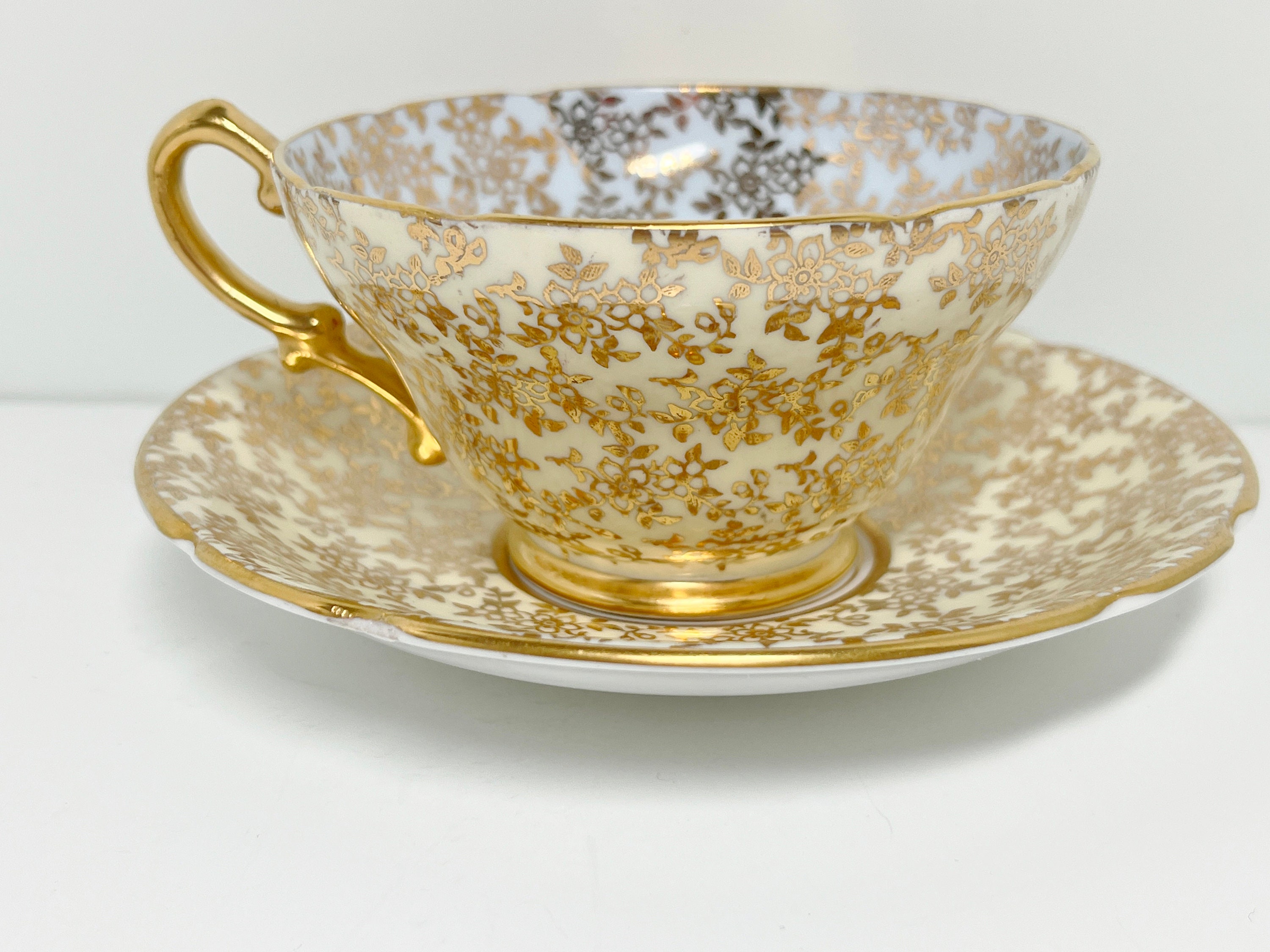 Stanley Tea Cup and Saucer, Gold Tea Cup, Yellow Blue Gold Teacup