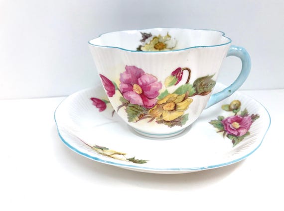Shelley Begonia Teacup and Saucer: Fine Bone China, Dainty Shape