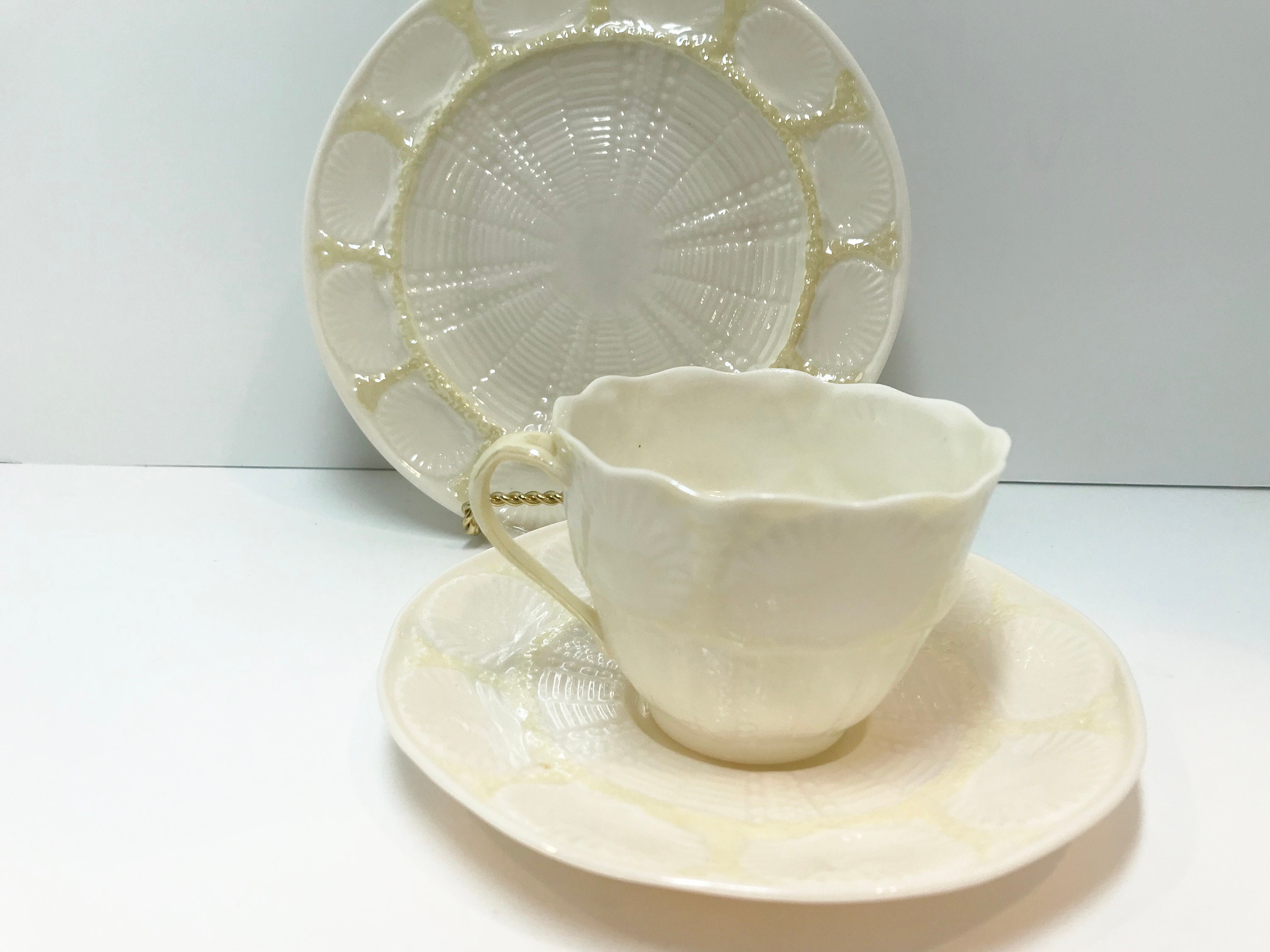 Reserved for J, Belleek Tea Cup and Saucer and Plate, Irish Tea Cup, Belleek China, Belleek Trio