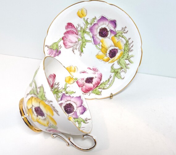 Stanley Teacup and Saucer, Anemone Pattern, Hand Painted Cup, Antique Teacup, English Teacup, Gift for Her, Anniversary Gift, Birthday Gift