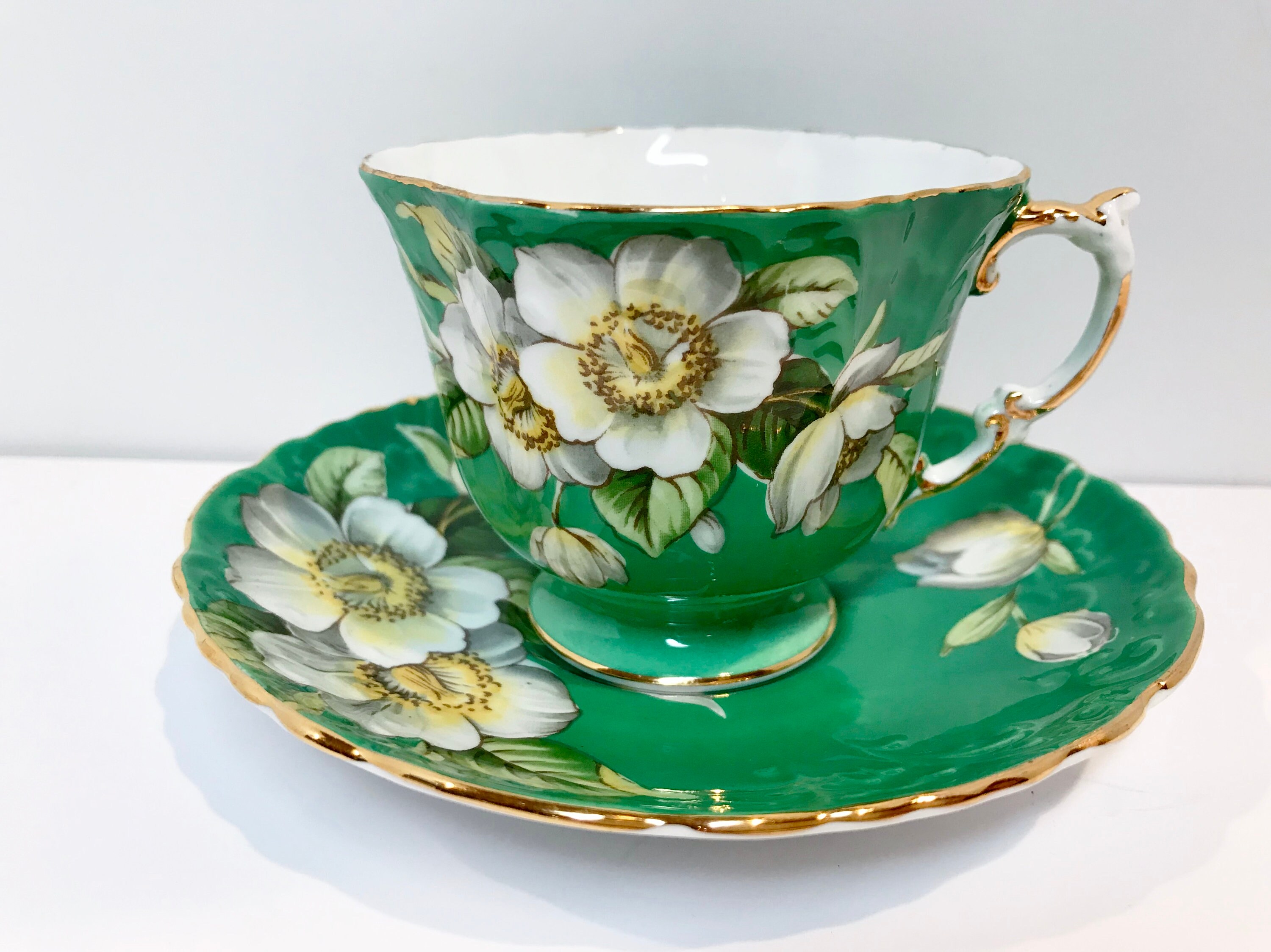 Green Aynsley Tea Cup and Saucer, Antique Tea Cups Vintage, Floral Tea