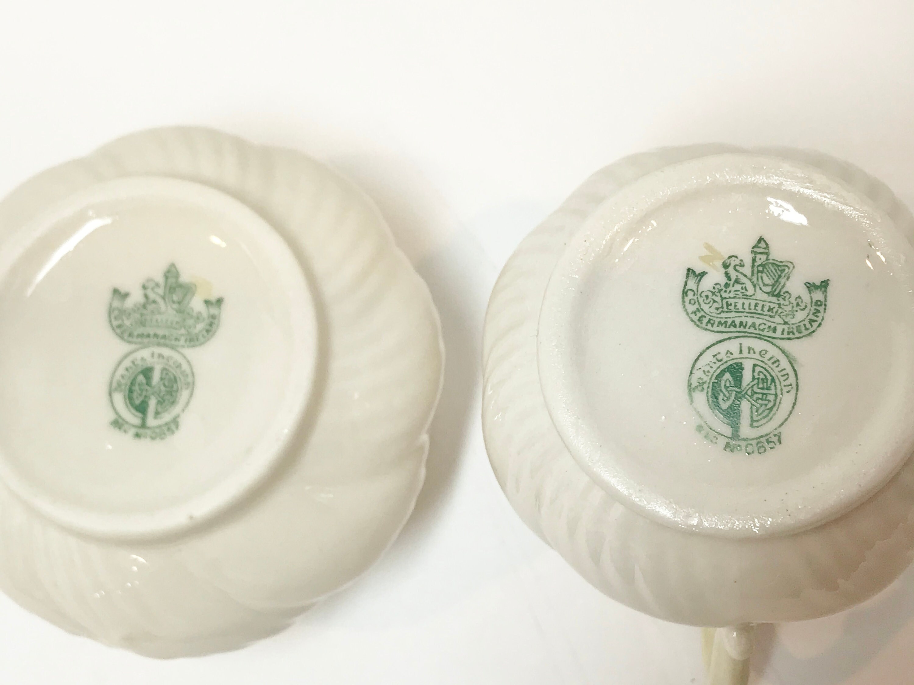 Belleek Pitcher and Bowl, Belleek Ribbon Bow, Fourth Green Mark Belleek