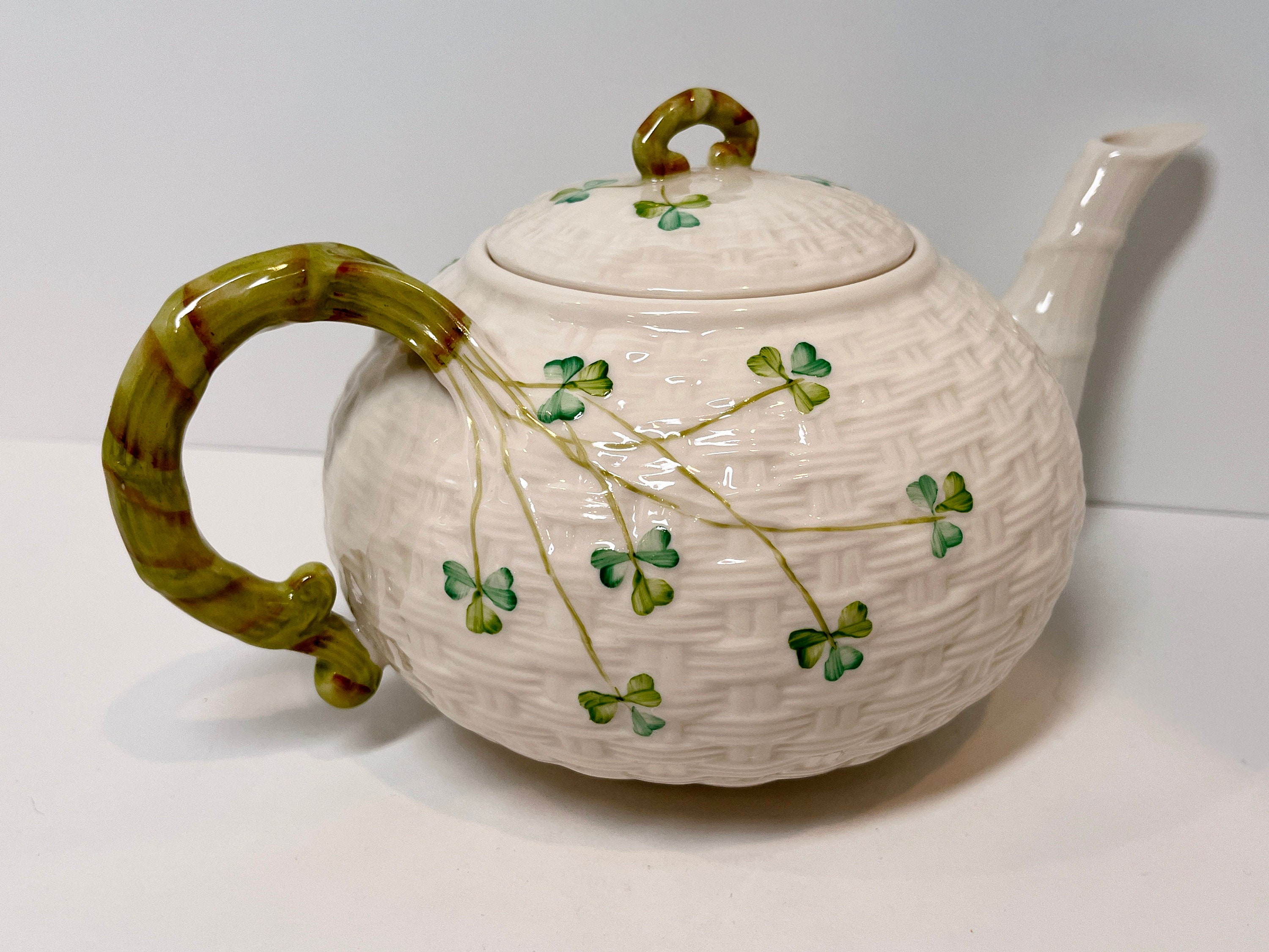 Large Shamrock Belleek Teapot, Shamrock Belleek, Green Mark Belleek