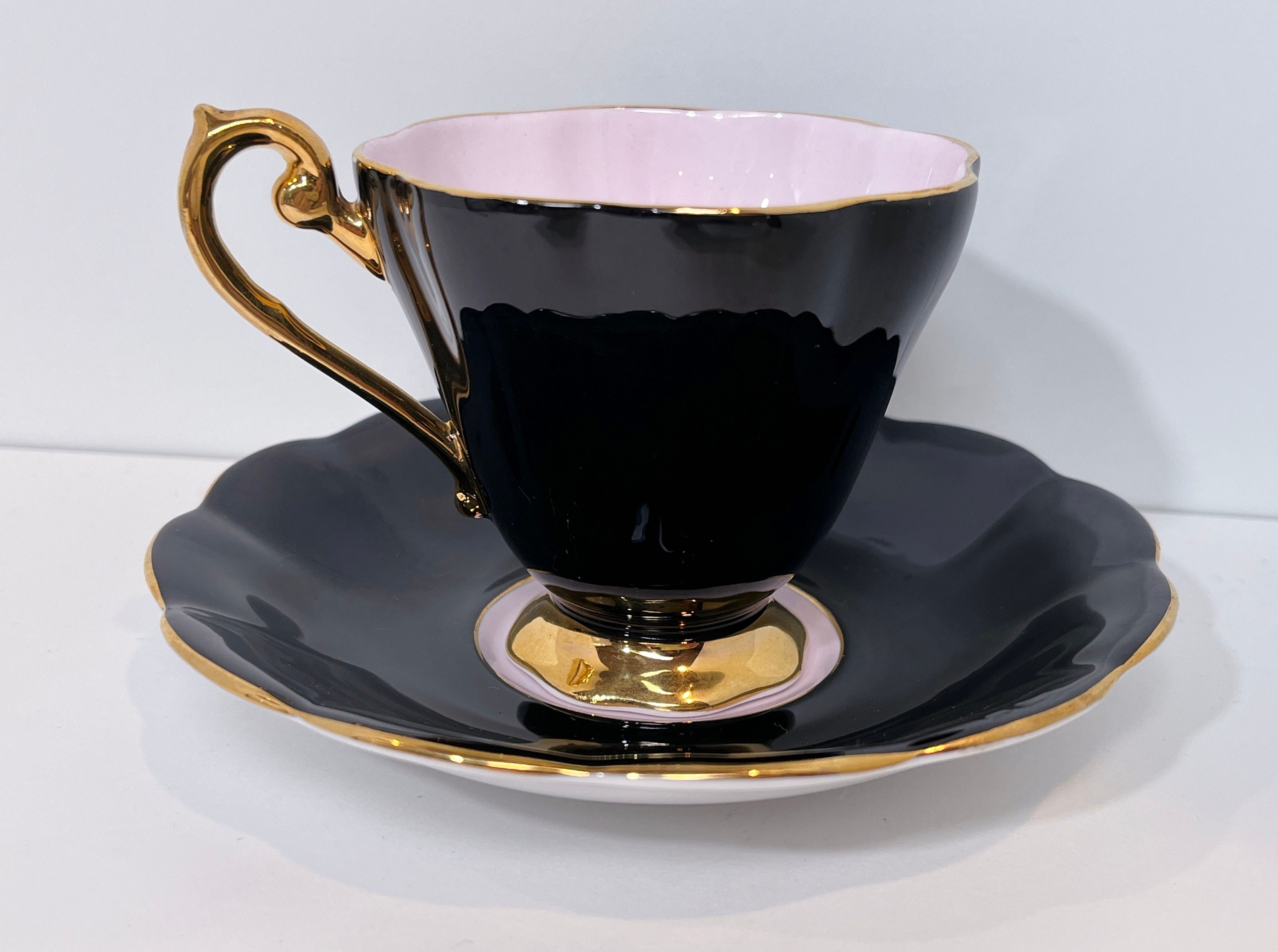 Royal Standard Teacup and Saucer, Black Pink Cups, Antique Teacups