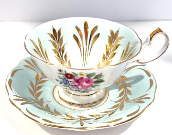Queen Anne Aqua Gold Teacup and Saucer: English Bone China