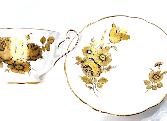 Grosvenor Teacup and Saucer, English Teacup, Anniversary Gift, Gift For Her, Vintage Teacup, Housewarming Gift, Gold Roses