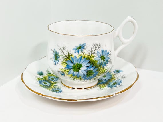 Crown Teacup and Saucer, Blue White Ware, English Teacups, Floral Teacups, Anniversary Gift, Gifts for Her, Housewarming Gift