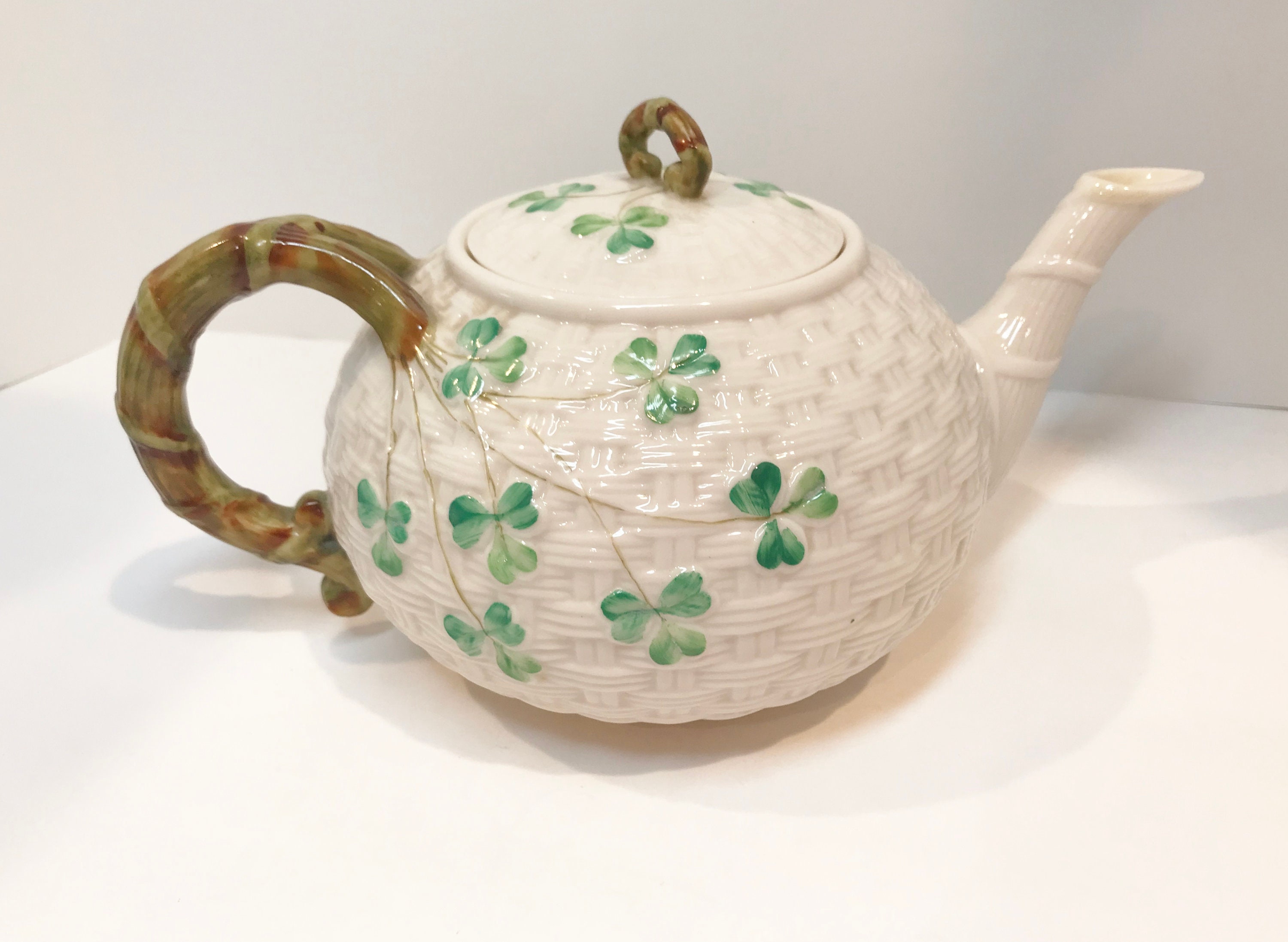 Large Shamrock Belleek Teapot, Shamrock Belleek, Black Mark Belleek
