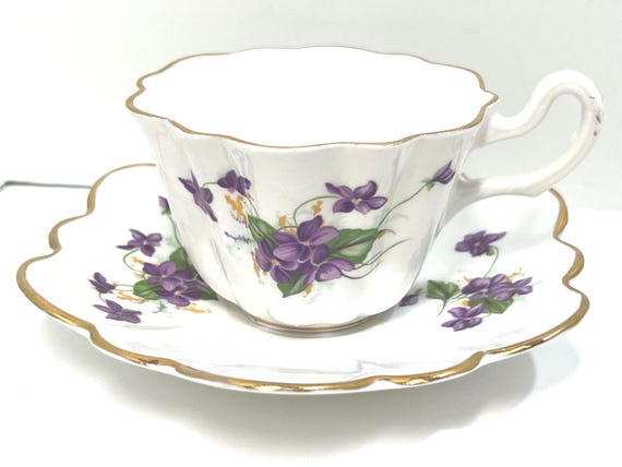 Royal Kent Teacup and Saucer, Violets Pattern, Vintage Tea Cup, Floral Teacup, Gift for Her, Anniversary Gift, Birthday Gift