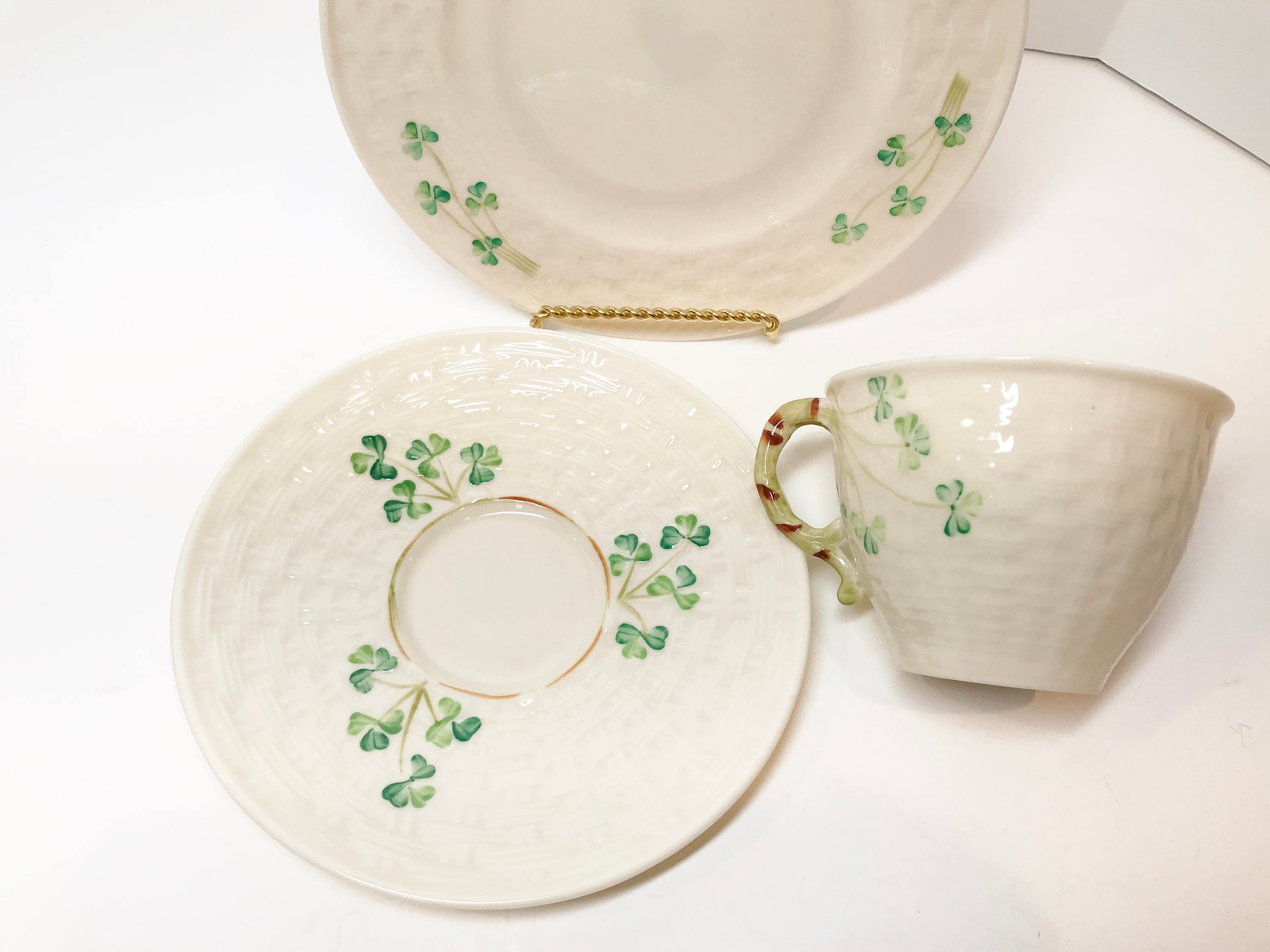 Belleek Tea Cup and Saucer and Plate, Belleek Shamrock Ware, Belleek