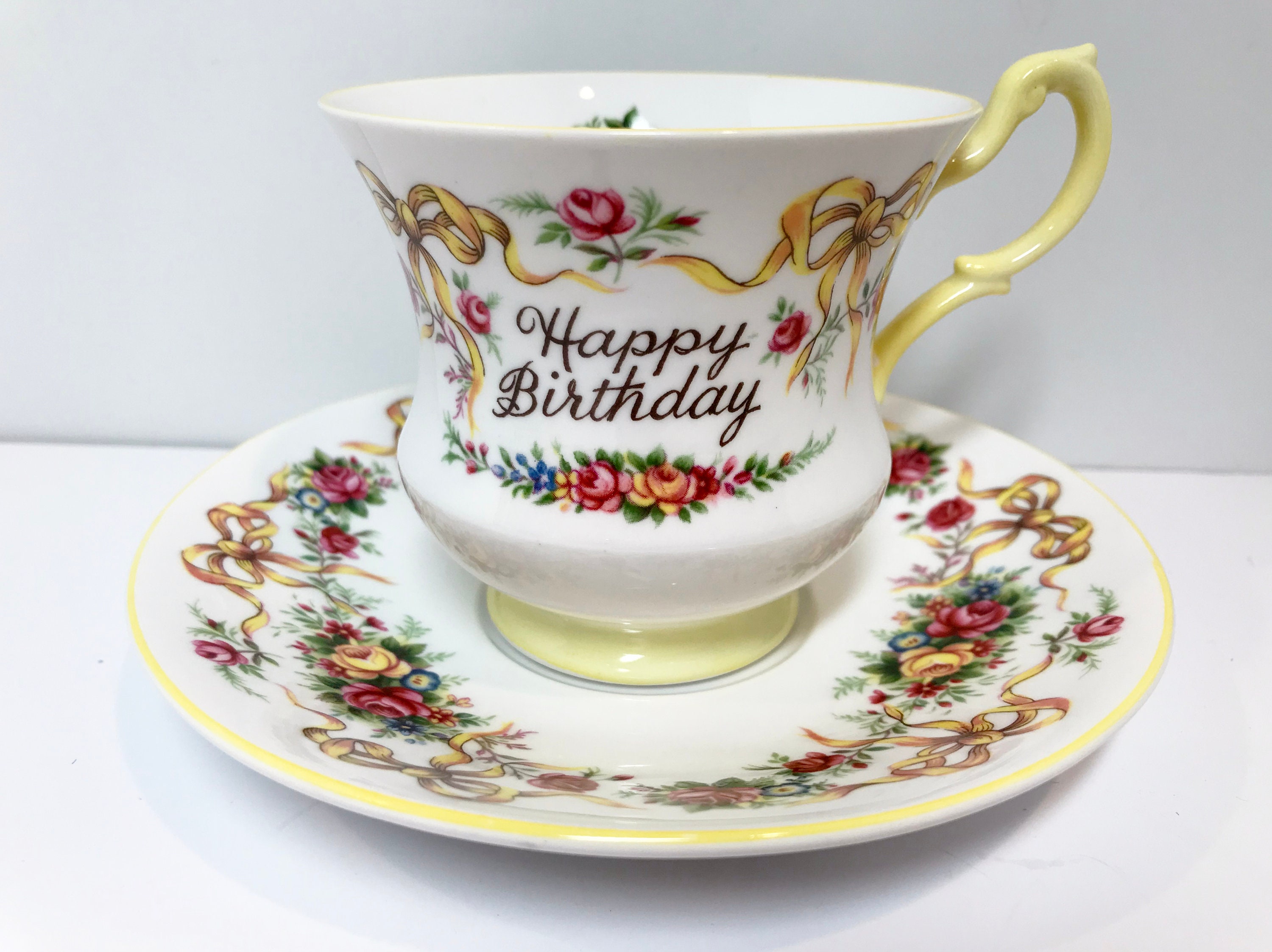 Happy Birthday Queens Tea Cup and Saucer, Ribbon Tea Cups, Yellow