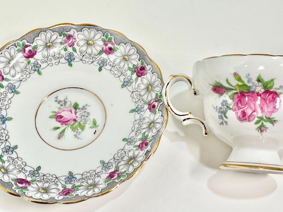 Rosina Teacup and Saucer, Floral Teacup, Rose and Daisy Teacup, Gift for Her, Anniversary Gift, Housewarming Gift, Gift for Friend