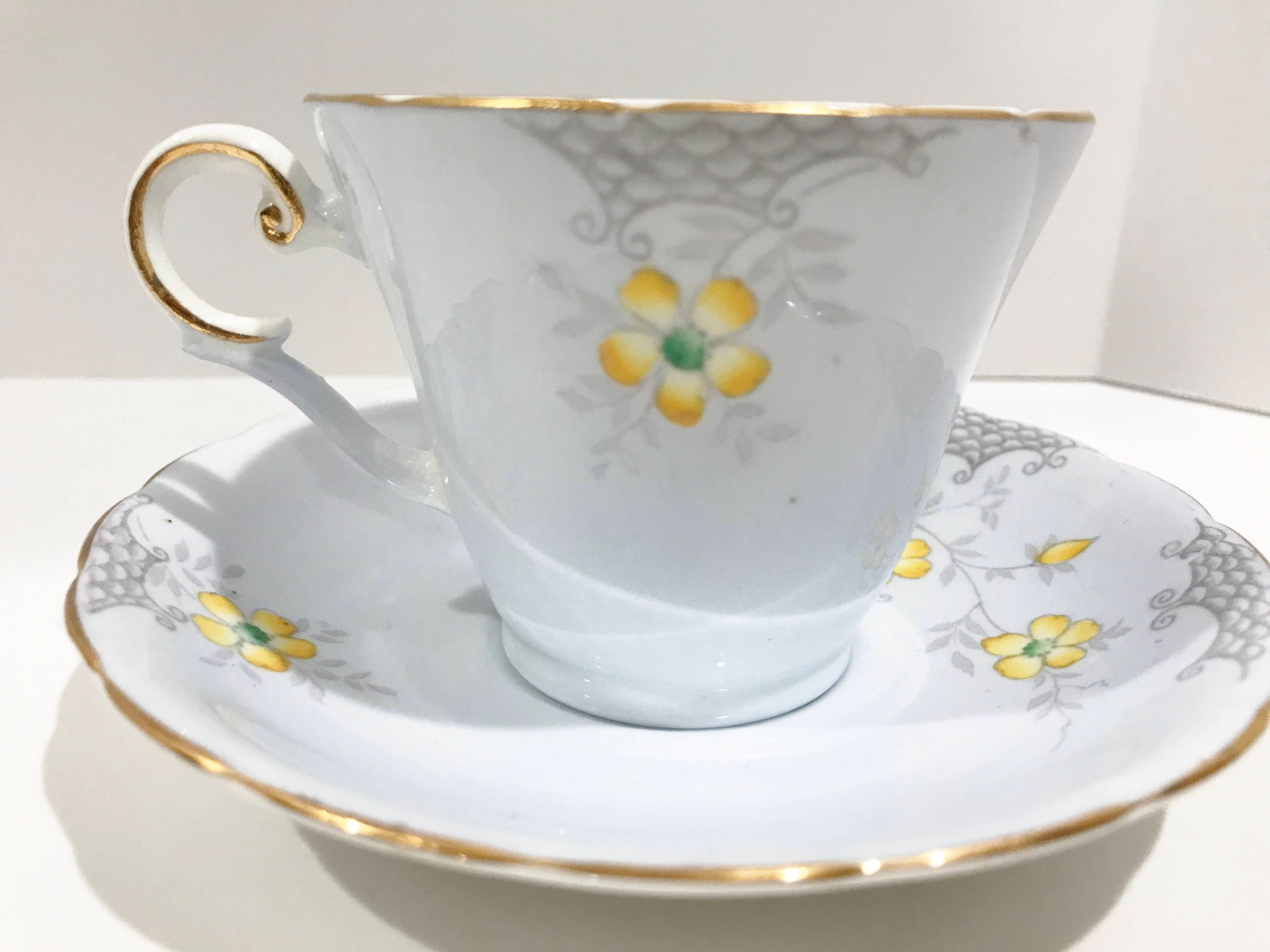 Wellington Tea Cup and Saucer, Antique Tea Cups Vintage, Gray Tea Cups, Tea Party, English Bone