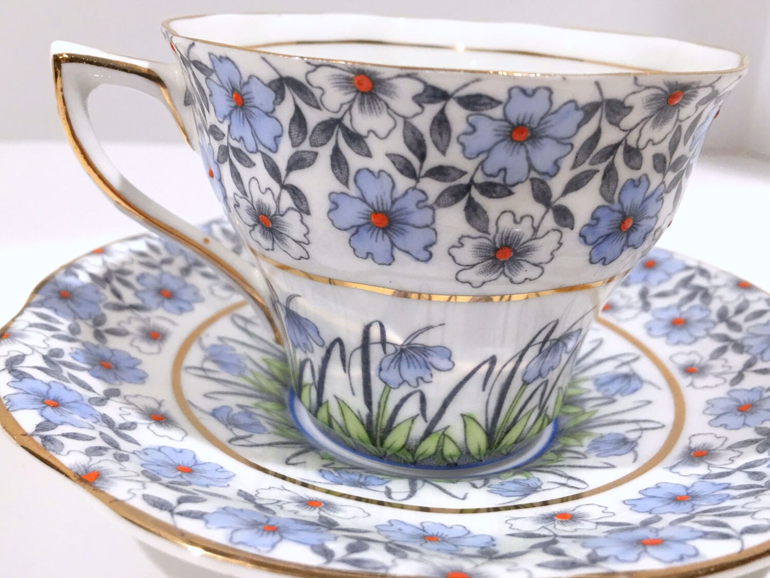Blue Chintz Rosina Tea Cup and Saucer, Pattern 4967, English Bone China