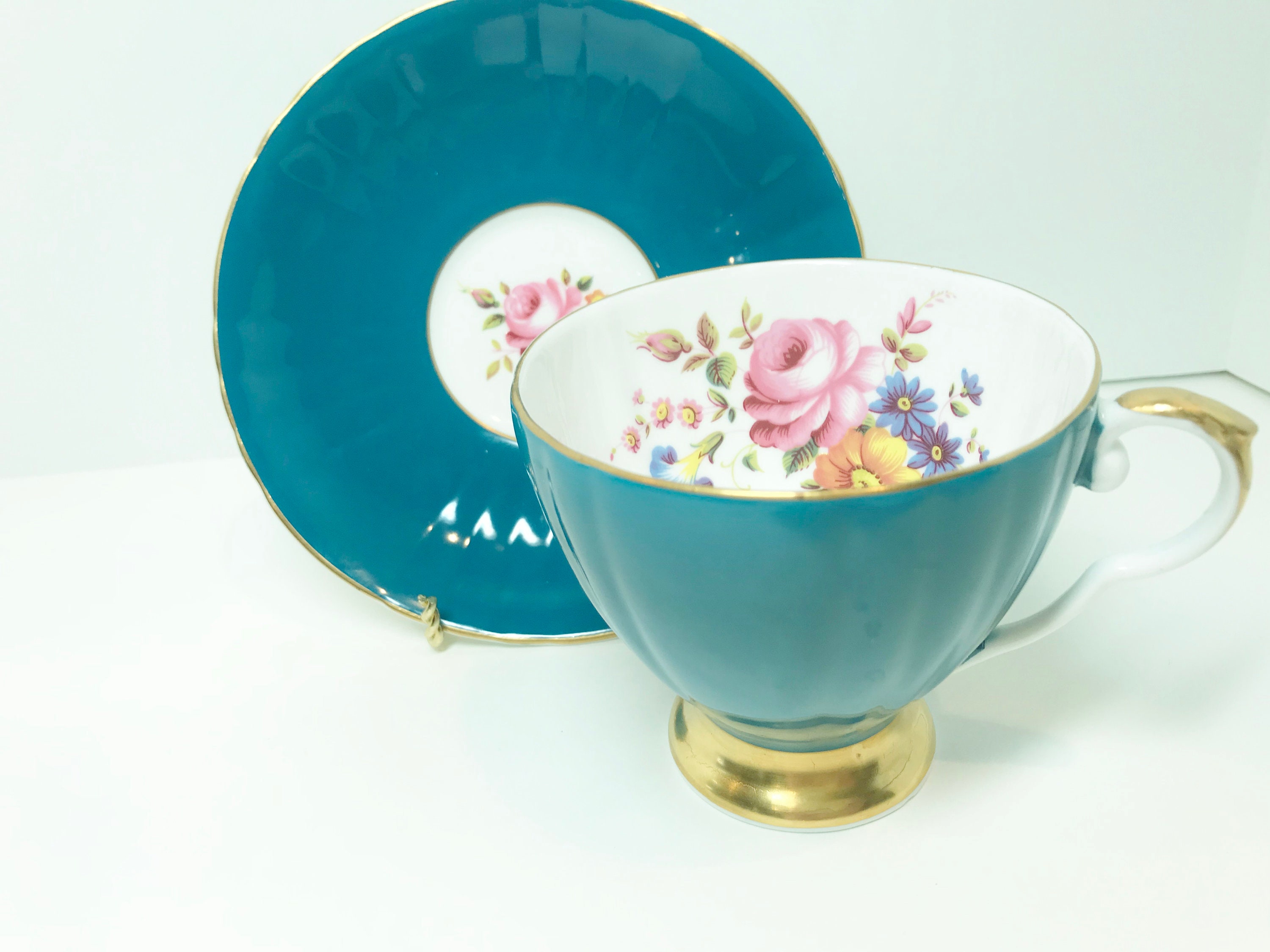 Royal Grafton Tea Cup and Saucer, Teal Tea Cups, English Floral Tea