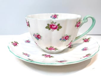 Rosebud Shelley Teacup and Saucer: Floral Bone China