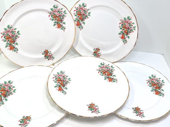 Holiday Plates, Yuletide Set for 5 by Rosina Bone China, Vintage Plates, Christmas Plates, Gift for Her, Housewarming Gift