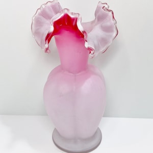 Victorian Cased Glass , Blown Glass , Ruffled Top Vase , Pink White Glass , Antique Glass Vase image 1