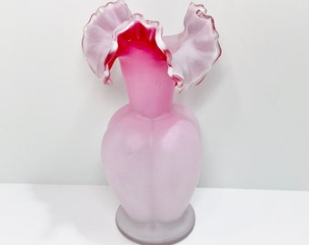 Victorian Pink & White Cased Glass Vase: Ruffled Blown Glass