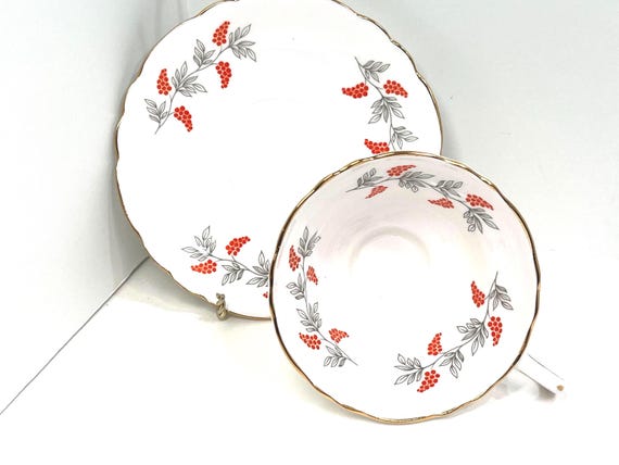 Crown Staffordshire Teacup and Saucer, Staffordshire Teacup, Orange White Teacup, Gift for Friend, Gift for Her, Housewarming Gift