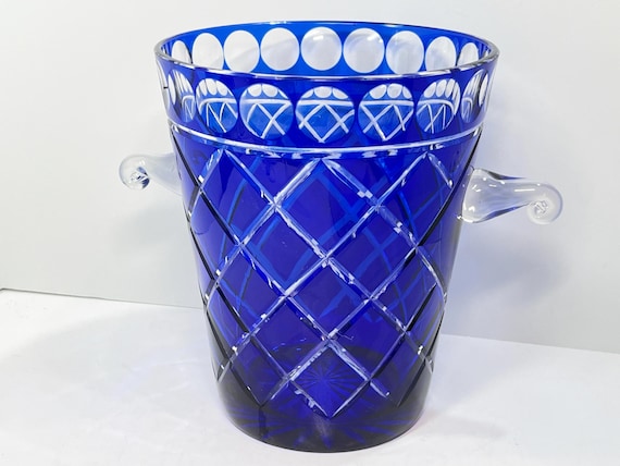 Glass Ice Bucket, Blue Glassware, Barware, Art Deco Ice Bucket, Gifts for Him, Anniversary Gift, Wedding Gift, Housewarming Gift