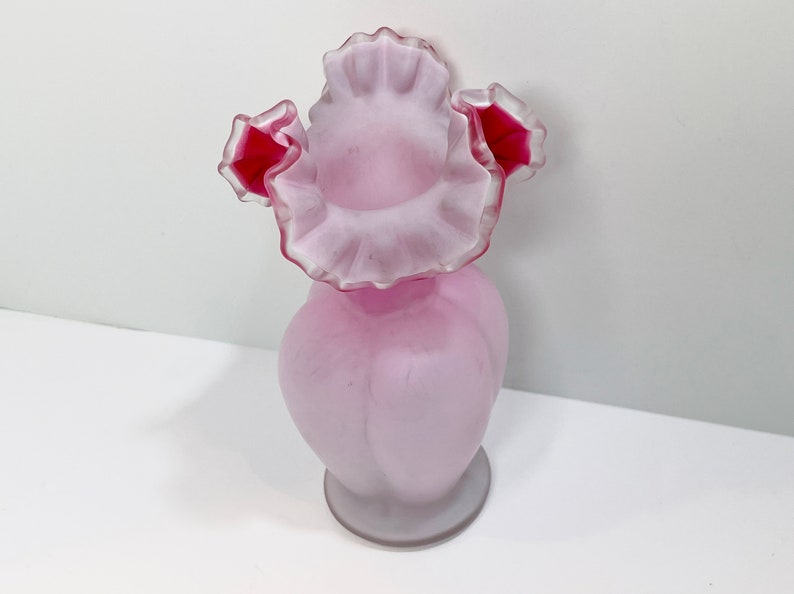 Victorian Cased Glass , Blown Glass , Ruffled Top Vase , Pink White Glass , Antique Glass Vase image 9