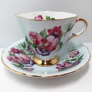 Clarence Teacup and Saucer, Sweet Pea Pattern, Floral Teacups, April Birth Cup, Antique Tea Cups Vintage , English China, Antique Teacup