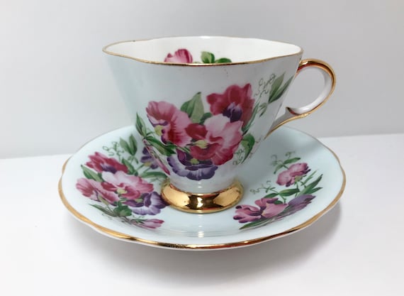 Clarence Teacup and Saucer, Sweet Pea Pattern, Floral Teacups, April Birth Cup, Antique Tea Cups Vintage , English China, Antique Teacup